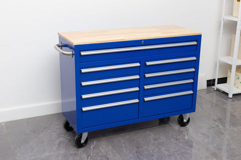 46-inch heavy-duty tool workbench with drawers
Mobile storage cabinet with wood top and wheels
Rolling tool bench in orange and black
Garage workbench with 9 locking drawers