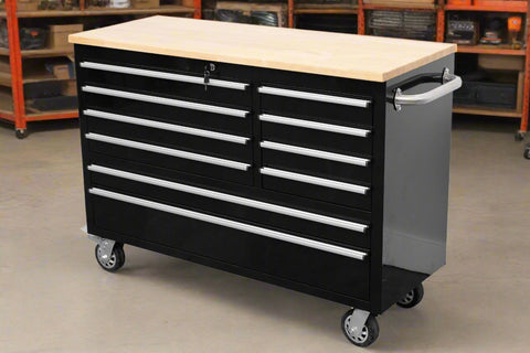 46-inch heavy-duty tool workbench with drawers
Mobile storage cabinet with wood top and wheels
Rolling tool bench in orange and black
Garage workbench with 9 locking drawers