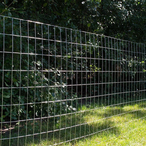 Wide shot of the 5 ft x 100 ft welded wire roll standing vertically
Close-up of 2x4 mesh pattern
Wire mesh showing galvanized finish detail
Fence installed along a garden perimeter