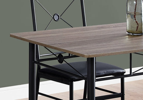 “Black metal dining table set with 4 chairs in modern kitchen”
“Compact 5-piece dining set with faux leather seats”
“Close-up of black chair with slatted back and cushioned seat”
“Space-saving dining table with wood grain finish”
“Modern 5-piece table and chair set for apartments”