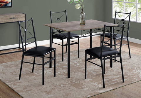 “Black metal dining table set with 4 chairs in modern kitchen”
“Compact 5-piece dining set with faux leather seats”
“Close-up of black chair with slatted back and cushioned seat”
“Space-saving dining table with wood grain finish”
“Modern 5-piece table and chair set for apartments”