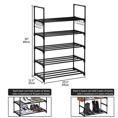 5-Tier Metal Shoe Rack – Front View
Freestanding Shoe Organizer with Hooks – In Use
Shoe Storage Rack Holding 20+ Pairs – Side Angle
Entryway Metal Shoe Rack with Hooks
Easy-to-Assemble Shoe Shelf – Unboxed View