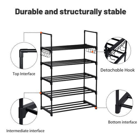 5-Tier Metal Shoe Rack – Front View
Freestanding Shoe Organizer with Hooks – In Use
Shoe Storage Rack Holding 20+ Pairs – Side Angle
Entryway Metal Shoe Rack with Hooks
Easy-to-Assemble Shoe Shelf – Unboxed View