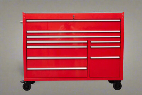 Red Siebel 55-inch tool bench with stainless steel top and drawers
Green enamel 10-drawer workbench on caster wheels
Close-up of 10 drawer tool storage cabinet β black finish
Side view of industrial mobile tool bench
Heavy-duty workstation with stainless worktop and locking wheels
