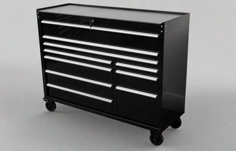 Red Siebel 55-inch tool bench with stainless steel top and drawers
Green enamel 10-drawer workbench on caster wheels
Close-up of 10 drawer tool storage cabinet β black finish
Side view of industrial mobile tool bench
Heavy-duty workstation with stainless worktop and locking wheels