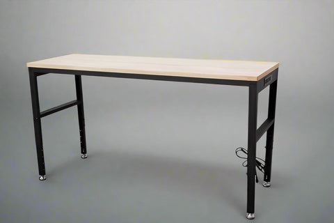 6 FT hardwood workbench with integrated power strip and steel legs
Adjustable black leg workbench with built-in power outlets
Compact 4 FT hardwood table with black metal frame
Workbench showing power outlet panel close-up
Side view of adjustable height workbench with solid wood top