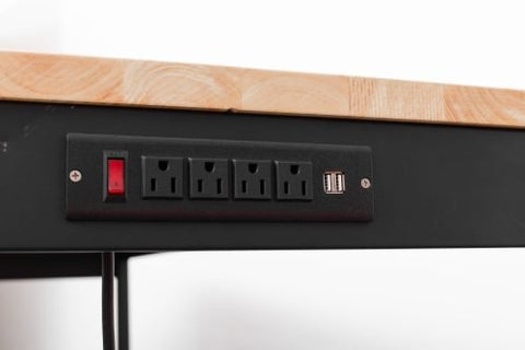 6 FT hardwood workbench with integrated power strip and steel legs
Adjustable black leg workbench with built-in power outlets
Compact 4 FT hardwood table with black metal frame
Workbench showing power outlet panel close-up
Side view of adjustable height workbench with solid wood top