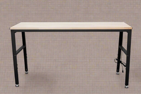6 FT hardwood workbench with integrated power strip and steel legs
Adjustable black leg workbench with built-in power outlets
Compact 4 FT hardwood table with black metal frame
Workbench showing power outlet panel close-up
Side view of adjustable height workbench with solid wood top