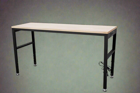 6 FT hardwood workbench with integrated power strip and steel legs
Adjustable black leg workbench with built-in power outlets
Compact 4 FT hardwood table with black metal frame
Workbench showing power outlet panel close-up
Side view of adjustable height workbench with solid wood top