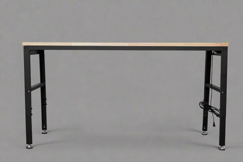 6 FT hardwood workbench with integrated power strip and steel legs
Adjustable black leg workbench with built-in power outlets
Compact 4 FT hardwood table with black metal frame
Workbench showing power outlet panel close-up
Side view of adjustable height workbench with solid wood top