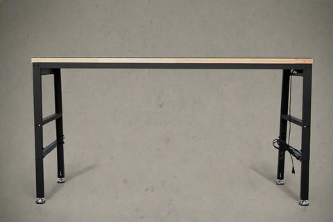 6 FT hardwood workbench with integrated power strip and steel legs
Adjustable black leg workbench with built-in power outlets
Compact 4 FT hardwood table with black metal frame
Workbench showing power outlet panel close-up
Side view of adjustable height workbench with solid wood top