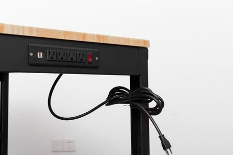 6 FT hardwood workbench with integrated power strip and steel legs
Adjustable black leg workbench with built-in power outlets
Compact 4 FT hardwood table with black metal frame
Workbench showing power outlet panel close-up
Side view of adjustable height workbench with solid wood top