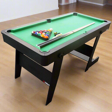 6 ft green folding pool table with cues
Portable billiards table folded for storage
Full pool table setup with accessories
Side view of collapsible pool table legs
Complete pool table kit with balls and rack