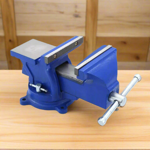 6-inch cast iron bench vise with swivel base – front angle
Heavy-duty workbench vise in blue – side view
Swivel base cast iron vise for mechanics and DIYers