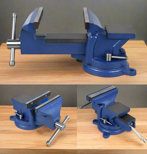 6-inch cast iron bench vise with swivel base – front angle
Heavy-duty workbench vise in blue – side view
Swivel base cast iron vise for mechanics and DIYers