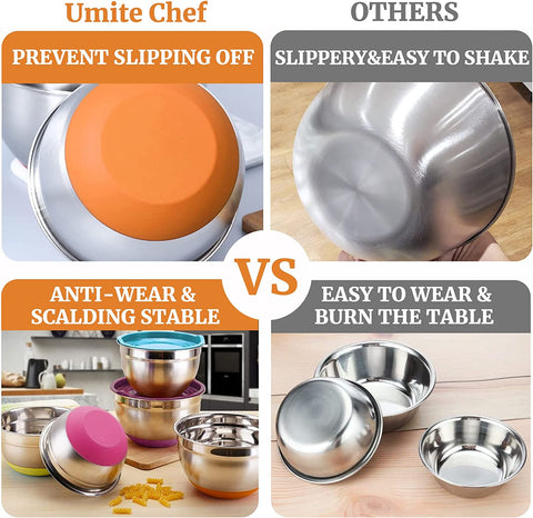 "6-Piece Stainless Steel Mixing Bowl Set with Colorful Lids"
"Non-Slip Silicone Base Stainless Mixing Bowls for Baking and Prep"
"Nesting Stainless Steel Bowls with BPA-Free Lids for Food Storage"
"Durable and Lightweight Mixing Bowls Set for Kitchen Use"
"Color Coded Lids Stainless Steel Prep Bowls Set"