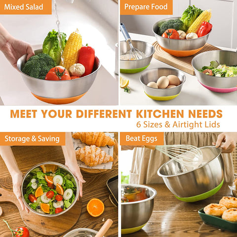 "6-Piece Stainless Steel Mixing Bowl Set with Colorful Lids"
"Non-Slip Silicone Base Stainless Mixing Bowls for Baking and Prep"
"Nesting Stainless Steel Bowls with BPA-Free Lids for Food Storage"
"Durable and Lightweight Mixing Bowls Set for Kitchen Use"
"Color Coded Lids Stainless Steel Prep Bowls Set"