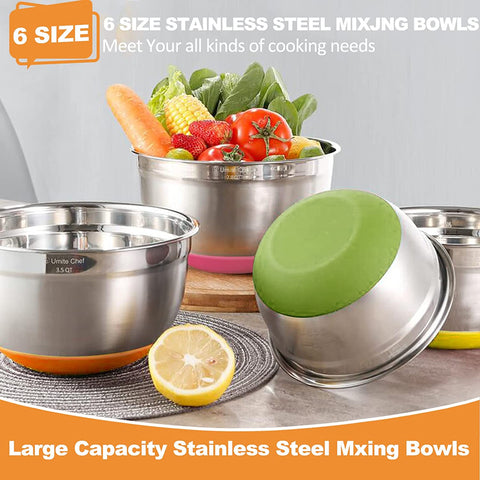 "6-Piece Stainless Steel Mixing Bowl Set with Colorful Lids"
"Non-Slip Silicone Base Stainless Mixing Bowls for Baking and Prep"
"Nesting Stainless Steel Bowls with BPA-Free Lids for Food Storage"
"Durable and Lightweight Mixing Bowls Set for Kitchen Use"
"Color Coded Lids Stainless Steel Prep Bowls Set"