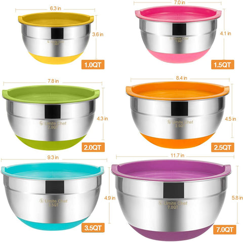 "6-Piece Stainless Steel Mixing Bowl Set with Colorful Lids"
"Non-Slip Silicone Base Stainless Mixing Bowls for Baking and Prep"
"Nesting Stainless Steel Bowls with BPA-Free Lids for Food Storage"
"Durable and Lightweight Mixing Bowls Set for Kitchen Use"
"Color Coded Lids Stainless Steel Prep Bowls Set"