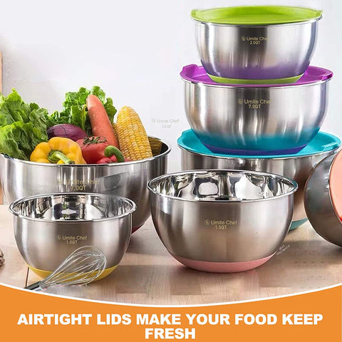"6-Piece Stainless Steel Mixing Bowl Set with Colorful Lids"
"Non-Slip Silicone Base Stainless Mixing Bowls for Baking and Prep"
"Nesting Stainless Steel Bowls with BPA-Free Lids for Food Storage"
"Durable and Lightweight Mixing Bowls Set for Kitchen Use"
"Color Coded Lids Stainless Steel Prep Bowls Set"