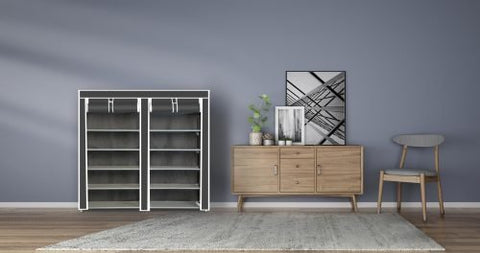 6-Shelf Freestanding Shoe Rack Organizer – Full View
Entryway Shoe Storage Unit with Black Steel Frame
Assembled Closet Organizer with Footwear
Shoe Rack in Use in Bedroom Closet
Freestanding Gray & Black 6-Shelf Shoe Organizer