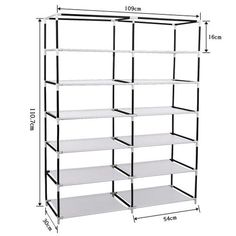 6-Shelf Freestanding Shoe Rack Organizer – Full View
Entryway Shoe Storage Unit with Black Steel Frame
Assembled Closet Organizer with Footwear
Shoe Rack in Use in Bedroom Closet
Freestanding Gray & Black 6-Shelf Shoe Organizer