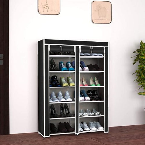 6-Shelf Freestanding Shoe Rack Organizer – Full View
Entryway Shoe Storage Unit with Black Steel Frame
Assembled Closet Organizer with Footwear
Shoe Rack in Use in Bedroom Closet
Freestanding Gray & Black 6-Shelf Shoe Organizer