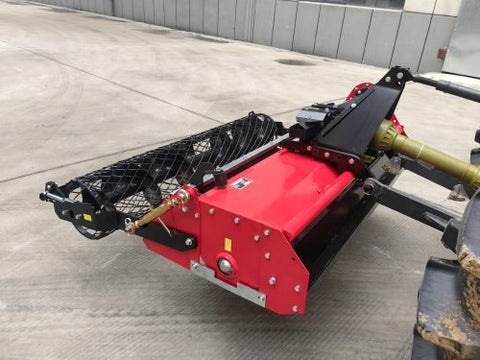 60” rotary stone burier tiller – 3-point hitch red attachment for tractors
Heavy-duty rock burying tiller with horizontal PTO offset system
Close-up of L-shaped blades and mesh roller on 60-inch tiller
PTO-driven stone burier tiller for compact tractors – SB165115