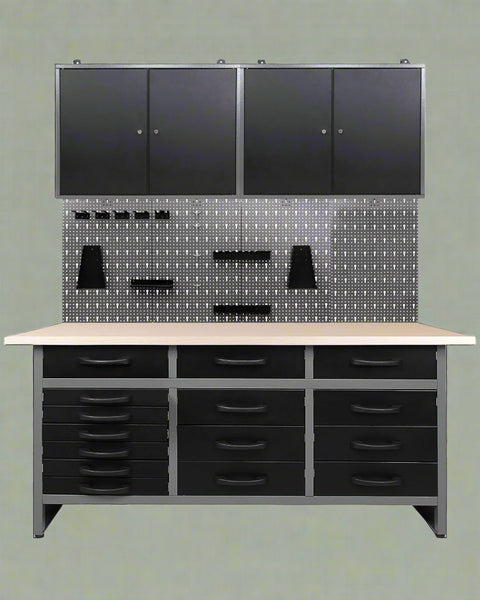 red metal tool bench with pegboard and cabinets
63-inch garage workbench for tool storage
black tool bench with drawers and upper cabinet
garage storage system with pegboard and drawers
workshop tool bench red and black finish