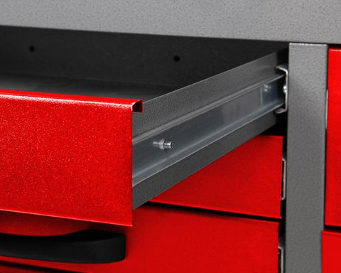 red metal tool bench with pegboard and cabinets
63-inch garage workbench for tool storage
black tool bench with drawers and upper cabinet
garage storage system with pegboard and drawers
workshop tool bench red and black finish