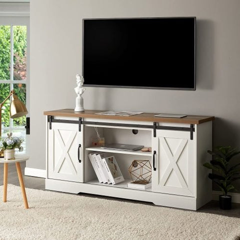 “65 inch rustic barn door TV stand in white”
“Farmhouse style media cabinet with sliding doors”
“Living room setup with gray barn door console”
“TV console with adjustable shelves and cable management”
“Modern rustic media storage cabinet for 70 inch TVs”