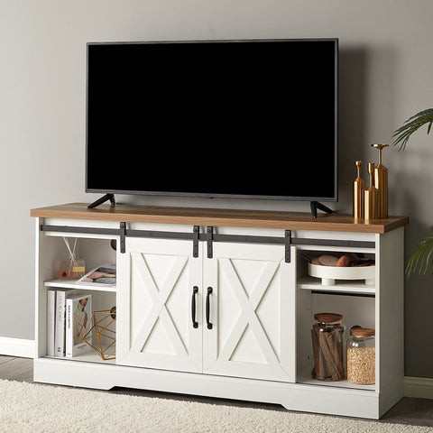 “65 inch rustic barn door TV stand in white”
“Farmhouse style media cabinet with sliding doors”
“Living room setup with gray barn door console”
“TV console with adjustable shelves and cable management”
“Modern rustic media storage cabinet for 70 inch TVs”