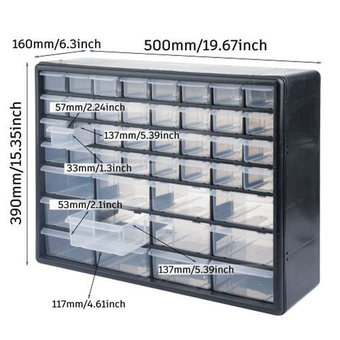 66 Drawer Plastic Storage Cabinet – Front View
Drawer Organizer with Tools and Hardware
44 Drawer Parts Organizer Cabinet – Side Angle
Stackable Black Plastic Organizer for Small Parts