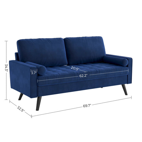69.7-inch modern velvet sofa in navy blue with tufted back
Gray velvet upholstered sofa with pillows
Side view of modern green couch with wooden legs
Mid-century couch with tufted back and square arms