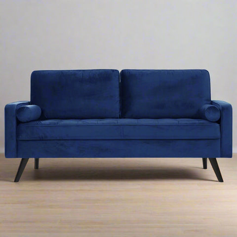 69.7-inch modern velvet sofa in navy blue with tufted back
Gray velvet upholstered sofa with pillows
Side view of modern green couch with wooden legs
Mid-century couch with tufted back and square arms