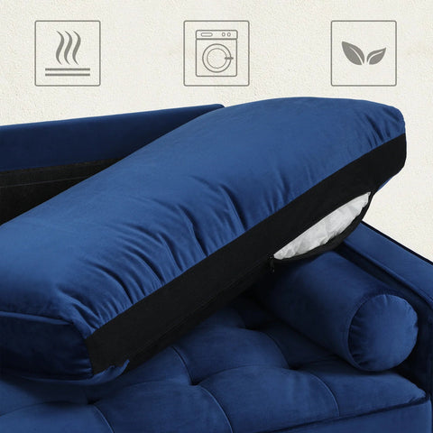 69.7-inch modern velvet sofa in navy blue with tufted back
Gray velvet upholstered sofa with pillows
Side view of modern green couch with wooden legs
Mid-century couch with tufted back and square arms