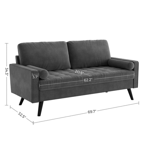 69.7-inch modern velvet sofa in navy blue with tufted back
Gray velvet upholstered sofa with pillows
Side view of modern green couch with wooden legs
Mid-century couch with tufted back and square arms