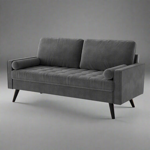 69.7-inch modern velvet sofa in navy blue with tufted back
Gray velvet upholstered sofa with pillows
Side view of modern green couch with wooden legs
Mid-century couch with tufted back and square arms