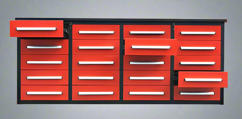Red 7FT tool bench with drawers β front view
Blue tool chest storage drawers β side view
Stainless steel workbench close-up
Organized industrial tool station
Drawer slides and top workspace detail