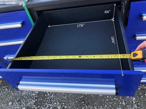 Red 7FT tool bench with drawers β front view
Blue tool chest storage drawers β side view
Stainless steel workbench close-up
Organized industrial tool station
Drawer slides and top workspace detail