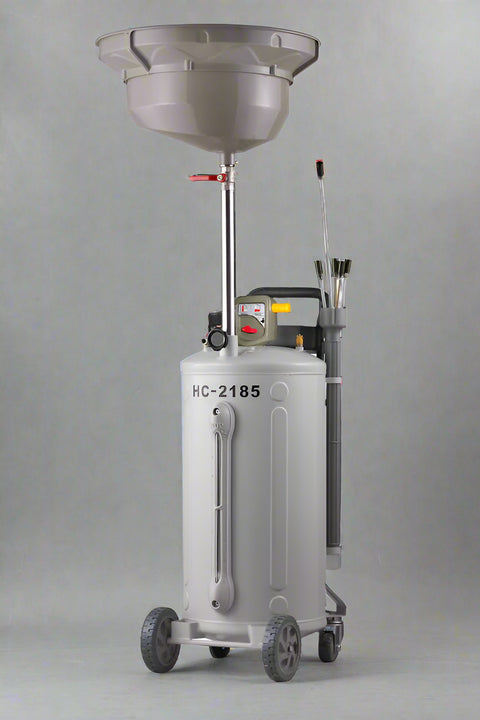 70L air-operated waste oil extractor with adjustable funnel
Portable oil drain tank on wheels with suction kit HC2185
Heavy-duty waste oil cart for automotive repair