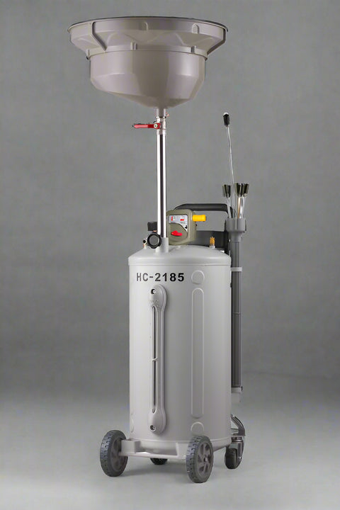 70L air-operated waste oil extractor with adjustable funnel
Portable oil drain tank on wheels with suction kit HC2185
Heavy-duty waste oil cart for automotive repair