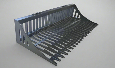 Heavy-duty skid steer skeleton rock bucket β front angled view
Close-up of reinforced steel tines and grapple mounts
84β rock bucket on skid steer in yard cleanup
Side view of skeleton-style skid loader bucket
Multiple bucket sizes displayed on gravel lot