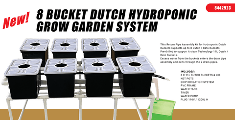 8-bucket hydroponic grow system with white reservoirs
Complete Dutch hydroponic system with tubing and connectors
Top-down view of full hydroponic garden kit setup
Multiple buckets connected in a hydroponic loop system
Dutch hydroponic grow kit displayed on white background