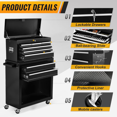 Black 8-drawer rolling tool chest with lock and wheels
Heavy-duty metal tool cabinet with detachable top chest
Garage storage cabinet with secure locking and spacious drawers