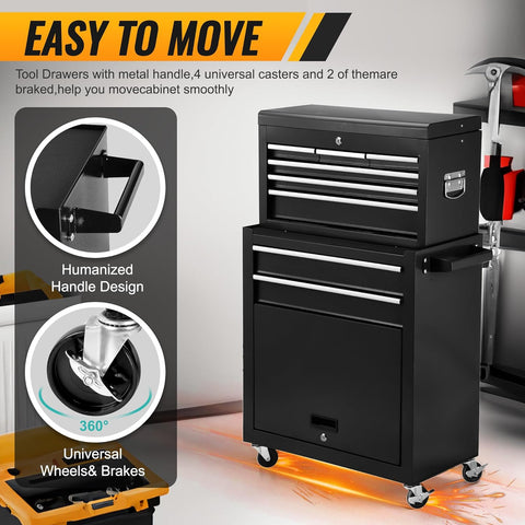 Black 8-drawer rolling tool chest with lock and wheels
Heavy-duty metal tool cabinet with detachable top chest
Garage storage cabinet with secure locking and spacious drawers