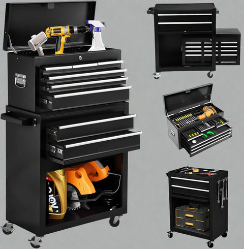 Black 8-drawer rolling tool chest with lock and wheels
Heavy-duty metal tool cabinet with detachable top chest
Garage storage cabinet with secure locking and spacious drawers