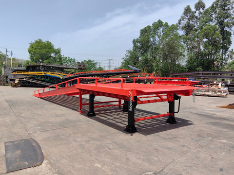 Heavy-duty loading dock ramp with red grating on asphalt yard
Forklift-compatible yard ramp side view with guardrails
Industrial dock ramp base plate and wheels
Side profile of 8 ft wide portable dock ramp
Ramp surface with serrated anti-slip steel close-up