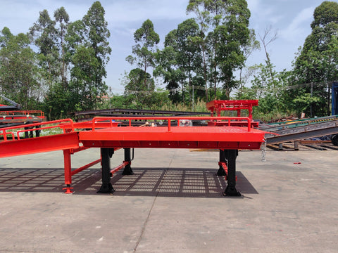 Heavy-duty loading dock ramp with red grating on asphalt yard
Forklift-compatible yard ramp side view with guardrails
Industrial dock ramp base plate and wheels
Side profile of 8 ft wide portable dock ramp
Ramp surface with serrated anti-slip steel close-up