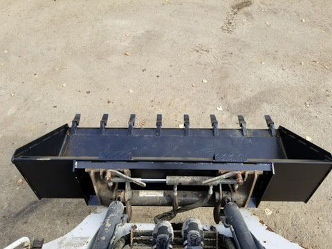 80" skid steer digging bucket with removable teeth
Heavy-duty bucket on job site with loader
Front view of 84-inch skid steer bucket
Skid steer digging into dirt with steel bucket
Wear strips and teeth close-up for material handling